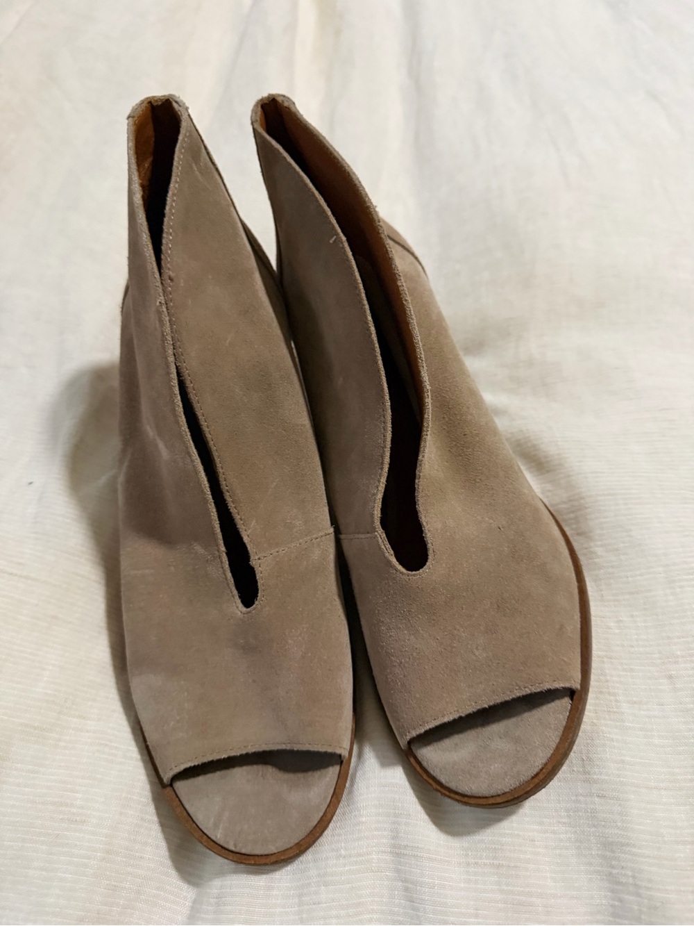 Lucky Brand Taupe Suede Open-Toe Wedge Booties